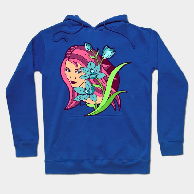 Pink Haired Girl and Blue Lilies Hoodie by Julia Moon